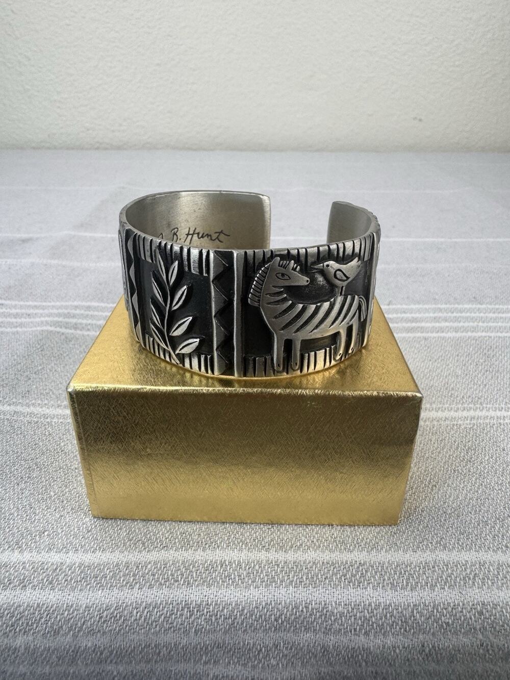 Vintage J.B. Hunt Wild Kingdom Elephant Zebra Animals Pewter Wide Cuff Bracelet